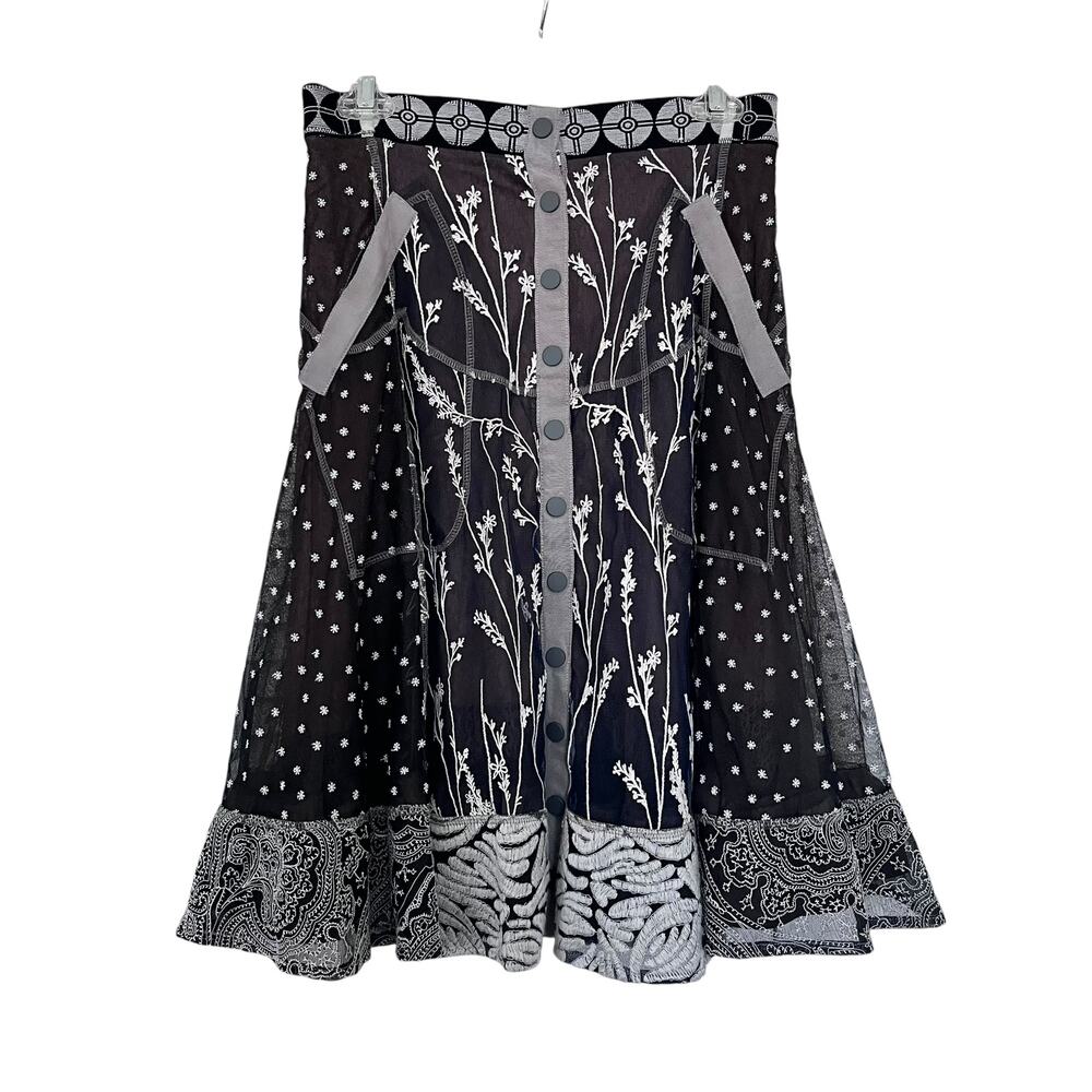 Byron Lars Black Navy White Floral Embroidered Tulle A-Line Midi Skirt